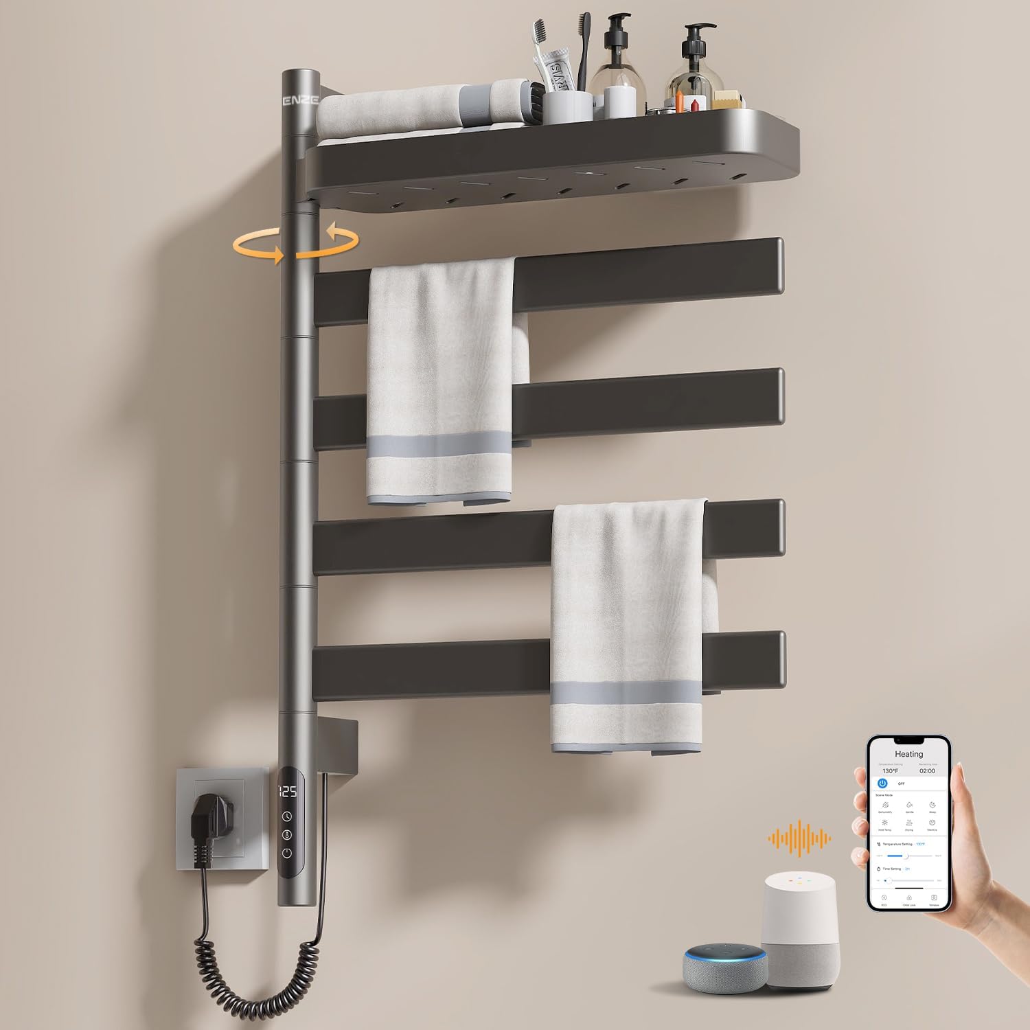 ENZE Smart Rotating Heated Towel Rack for Bathroom, 4-Bar Wall-Mounted Electric Towel Warmer with Swivel Shelf, Wi-Fi App Control, 24H Timer, Stainless Steel, IPX5, Hardwired/Plug-in, Gray