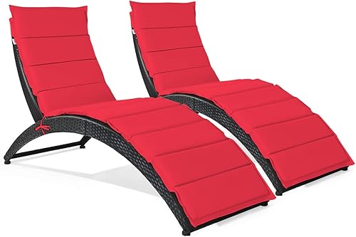 Miniatura 10 de Tangkula Silla plegable para patio, tumbona de ratán al aire libre, tumbona portátil con cojín, muebles de mimbre para todo tipo de clima para