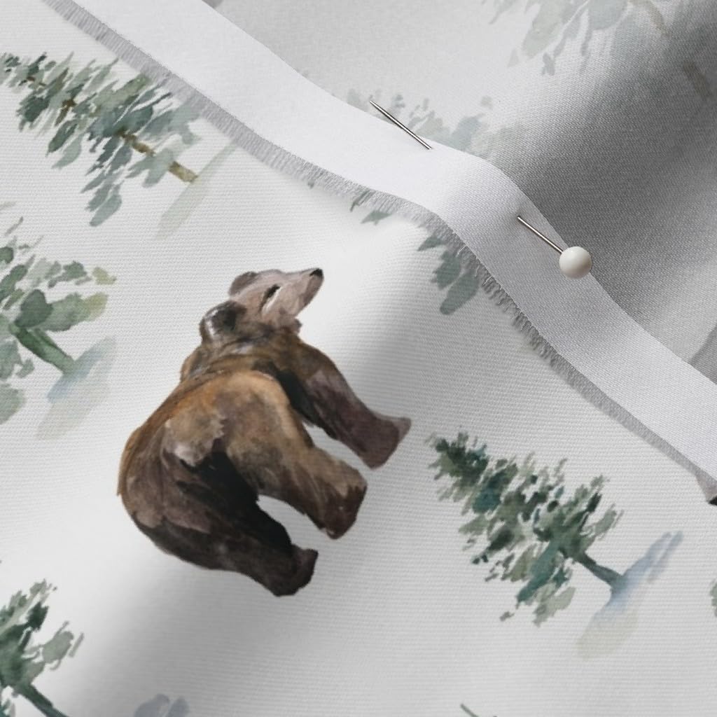 Spoonflower Fabric - Camping Bear Trees White Winter Snow Woodland Bears Nursery Forest Printed on Organic Cotton Sateen Fabric by The Yard - Sewing Quilting Apparel Home Decor