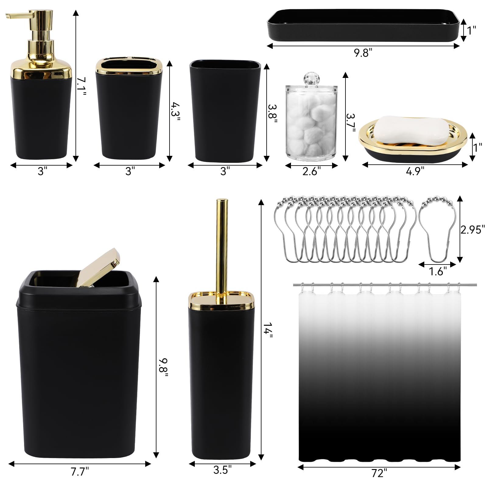 XLHOMO Juego de 22 piezas de accesorios de baño negros completos con cortina de ducha negra degradada, papelera, soporte para cepillo de dientes, vaso para cepillo de dientes, dispensador de jabón,