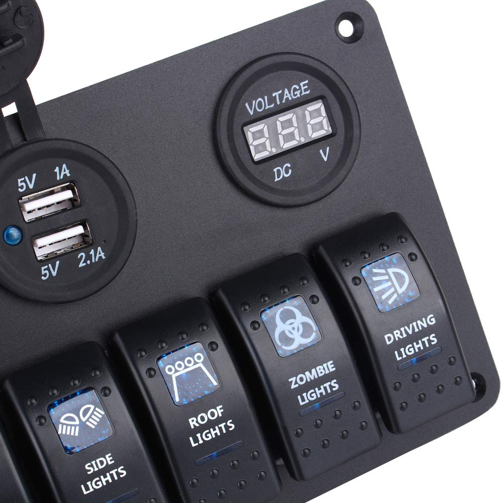 Interruttore a bilanciere pannello, 6 Gang DC 12 V/24 V circuito LED impermeabile per auto barca marina con 6 interruttore a bilanciere fusibile di sovraccarico con USB ricaricabile (6 interruttori)