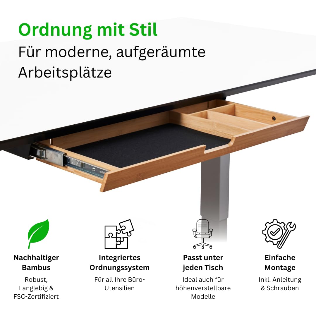 WIRSCHDA® Premium Unterbauschublade Bambus – Schreibtisch Organizer flach & ausziehbar | Untertisch Schublade für Homeoffice & höhenverstellbare Tische | Büro Ordnungssystem Holz