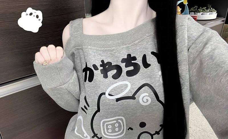 Y2K Off Shoulder Kawaii Cute Graphic Sweatshirt Casual Long Sleeves Hrajuku Tops Cat Print Pullover Sweatshirts - Image 3