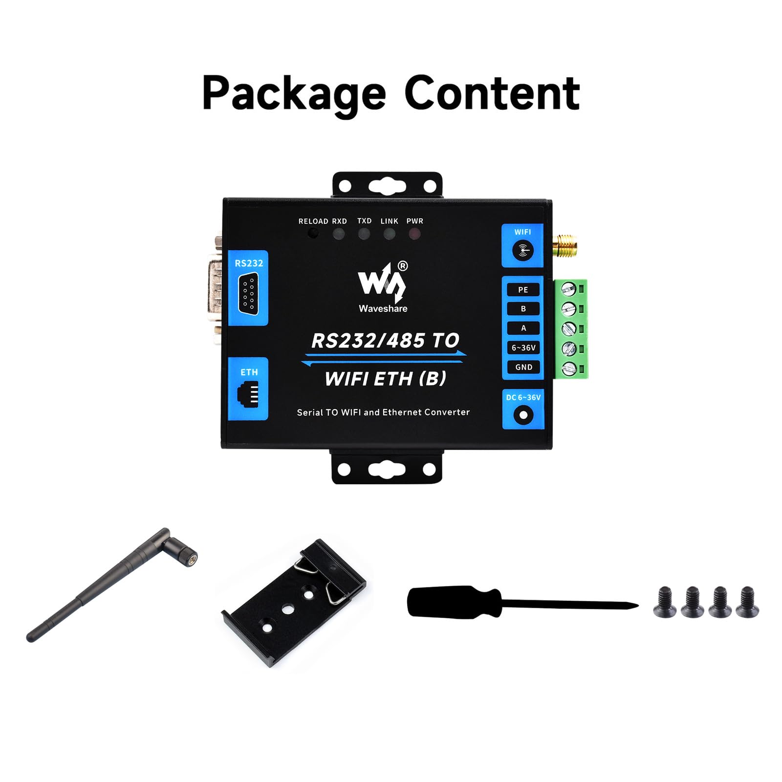 Waveshare Industrial Grade Serial Server RS232/485 to WiFi and Ethernet, Modbus Gateway, MQTT Gateway, Metal Case, Wail-Mount and Rail-Mount Support