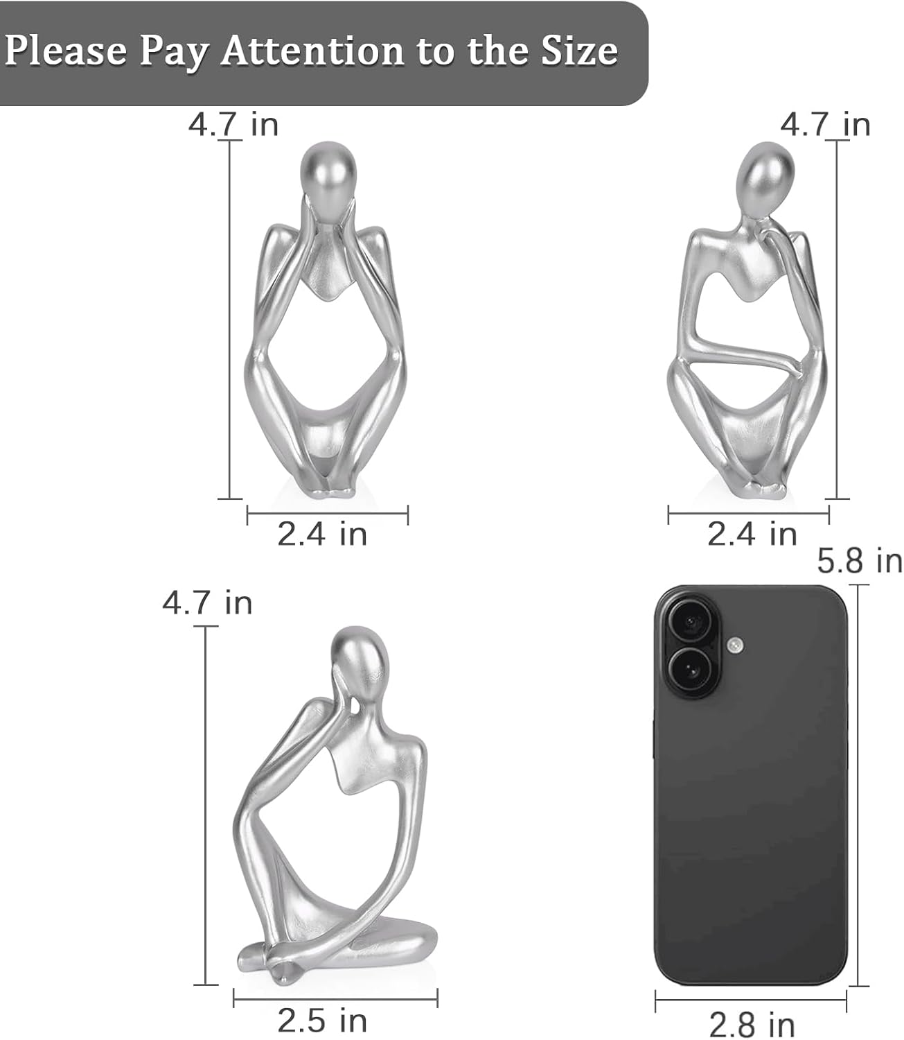 Sandstone Resin Thinker Style Abstract Sculpture Statue Collectible Figurines Home Office Bookshelf Desktop Decor (Small Silver, 3pcs)