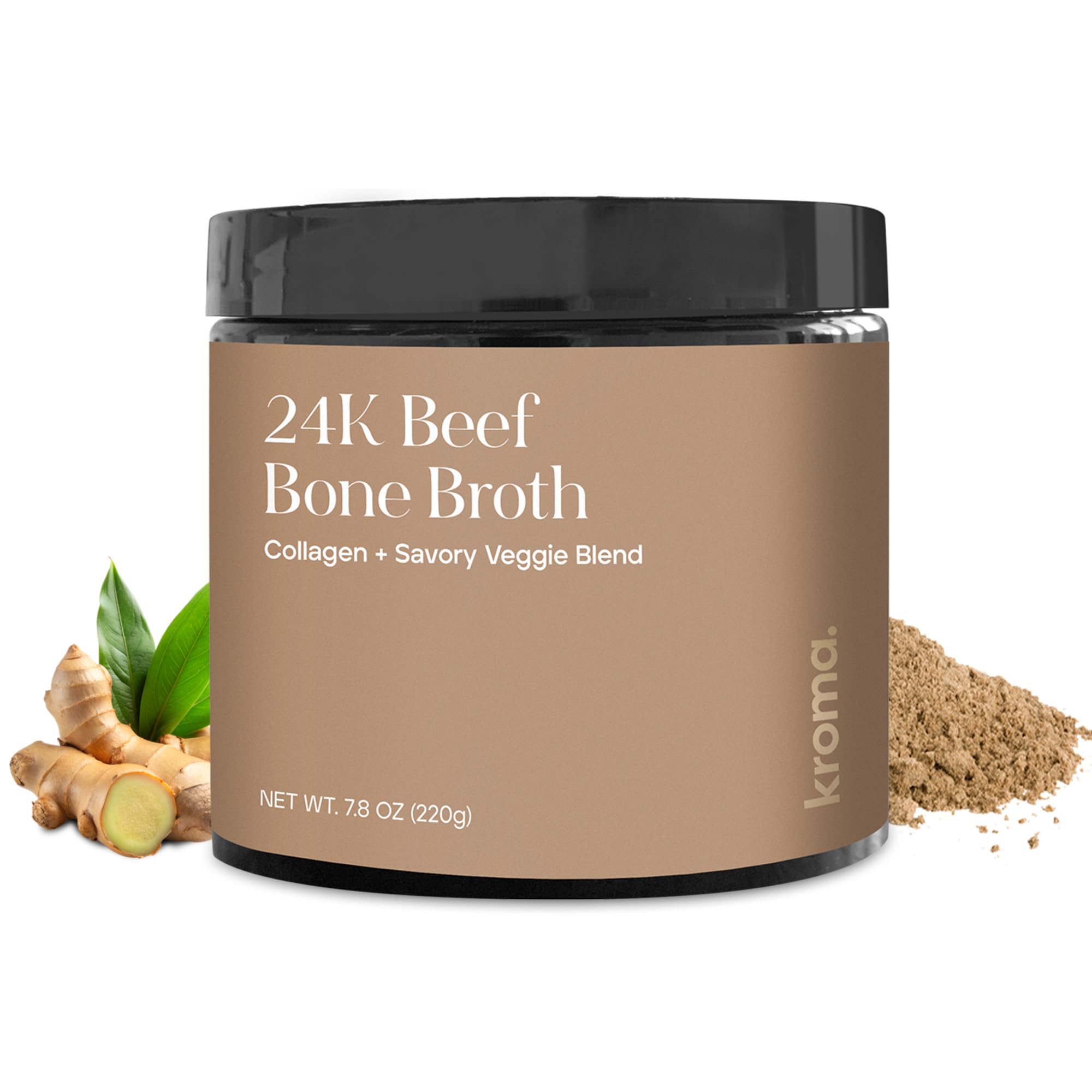 Kroma 24K Beef Bone Broth Powder - 10 Servings Jar, 7.8 Oz – 100% Grass Fed Gluten Free Powder - Collagen-Rich High Protein Broth w/Organic Ingredients - Animal Based Protein for Gut Health & Joint Support