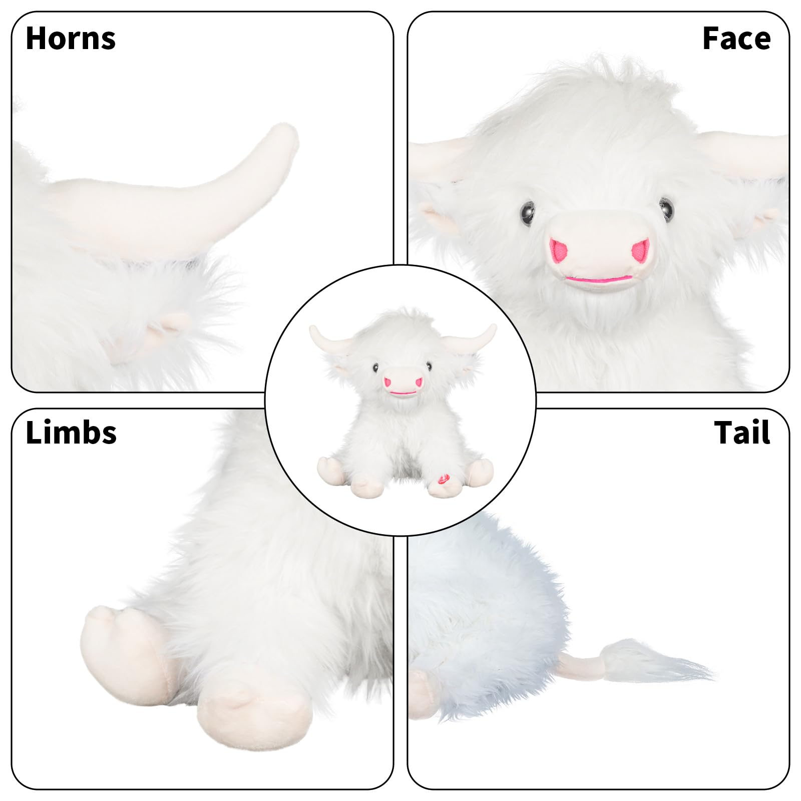 Tonpect Highland Cow Stuffed Animal with Mooing Sound, 9 inch White Colored, Farm Cow Toy for Boys Girls Gift Decoration