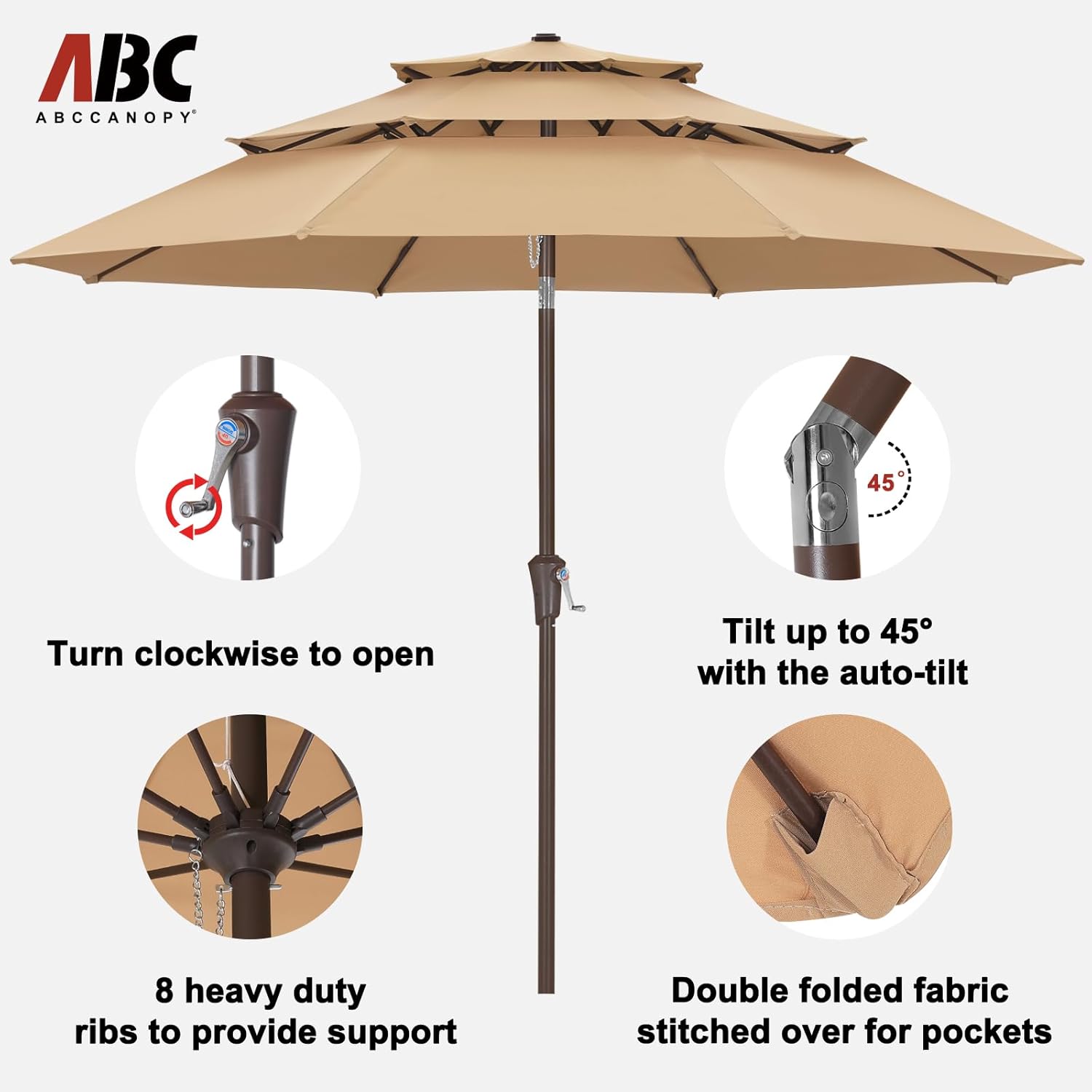 ABCCANOPY 11Ft 3 Tiers Market Umbrella, Outdoor Table Umbrella for Patio, Deck, Backyard (Khaki) - Image 4