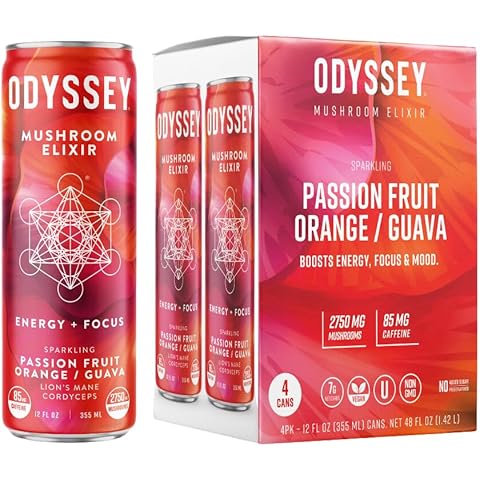 Odyssey Elixir Sparkling Adaptogen Drink, Low Calorie Drinks with L Theanine, Lions Mane, Cordyceps and Green Tea Caffeine for Energy and Focus, Non-GMO, Vegan,12 Fl oz, 4 Pack (Passion Fruit Orange Guava) Cover
