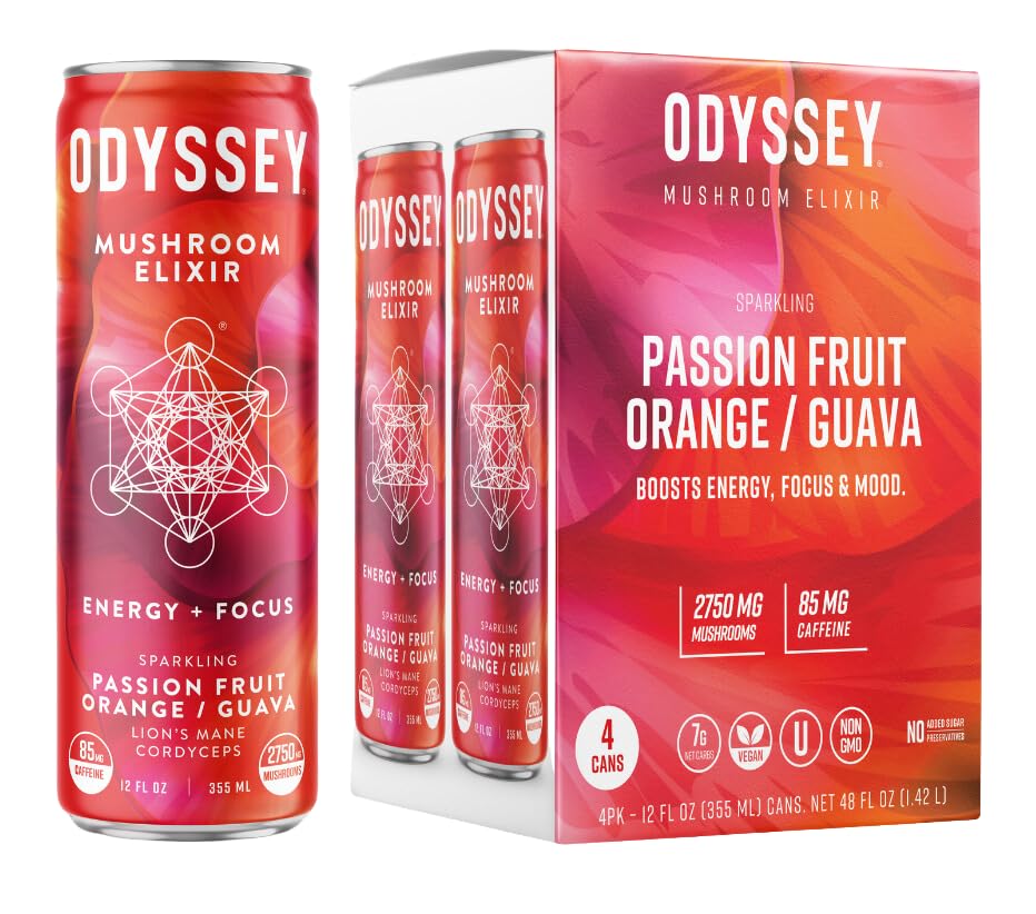 ODYSSEY ELIXIRSparkling Adaptogen Drink, Low Calorie Drinks with L Theanine, Lions Mane, Cordyceps and Green Tea Caffeine for Energy and Focus, Non-GMO, Vegan,12 Fl oz, 4 Pack (Passion Fruit Orange Guava)