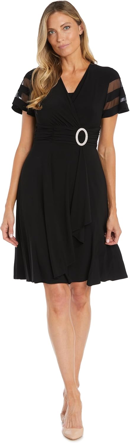 R&M Richards Women's Knee-Length Faux Wrap Dress W/Sheer Stripe Sleeves & Side Buckle Detail