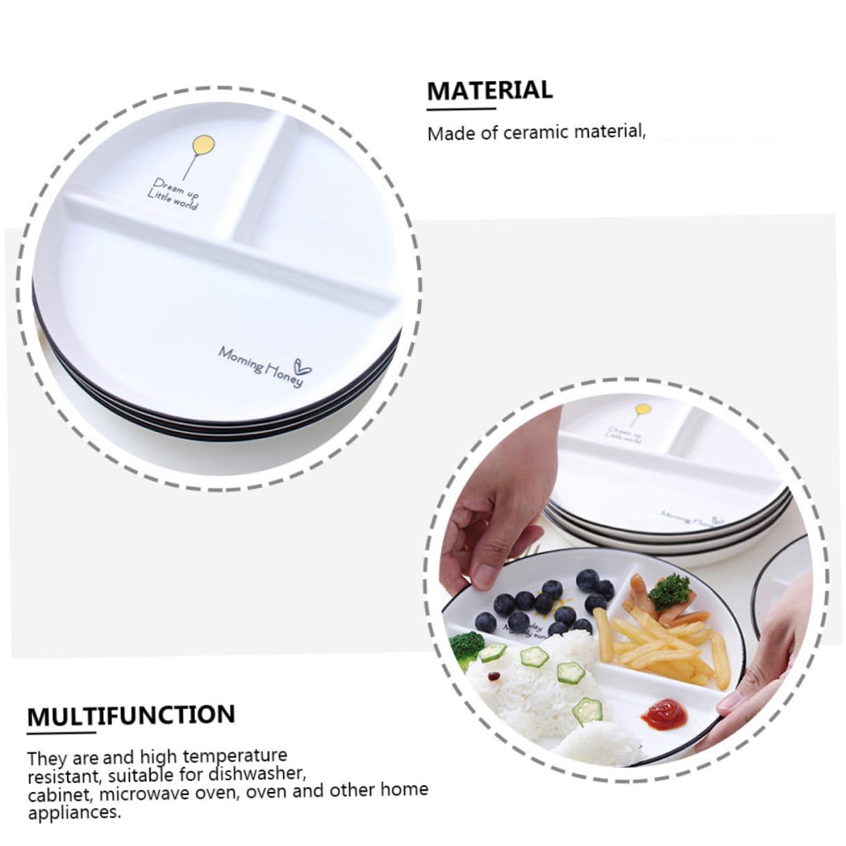 Assiette Compartimentée à 3 Compartiments en Céramique, Lot de 2