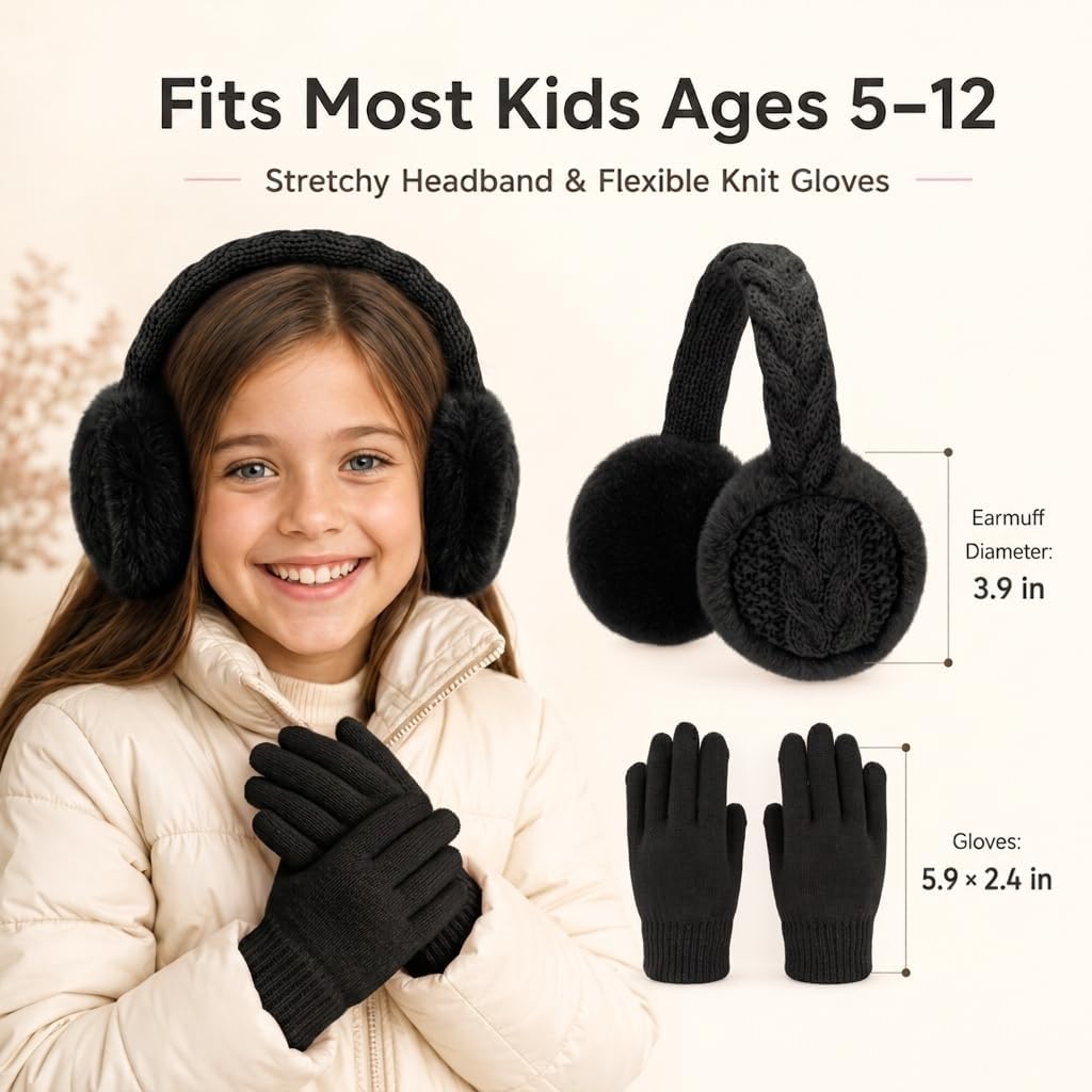BEARAE Kids Knit Earmuffs Gloves Set Winter Soft Plush Ear Muffs Boys Girls Elastic Knit Mittens Outdoor Warm Ear Warmers