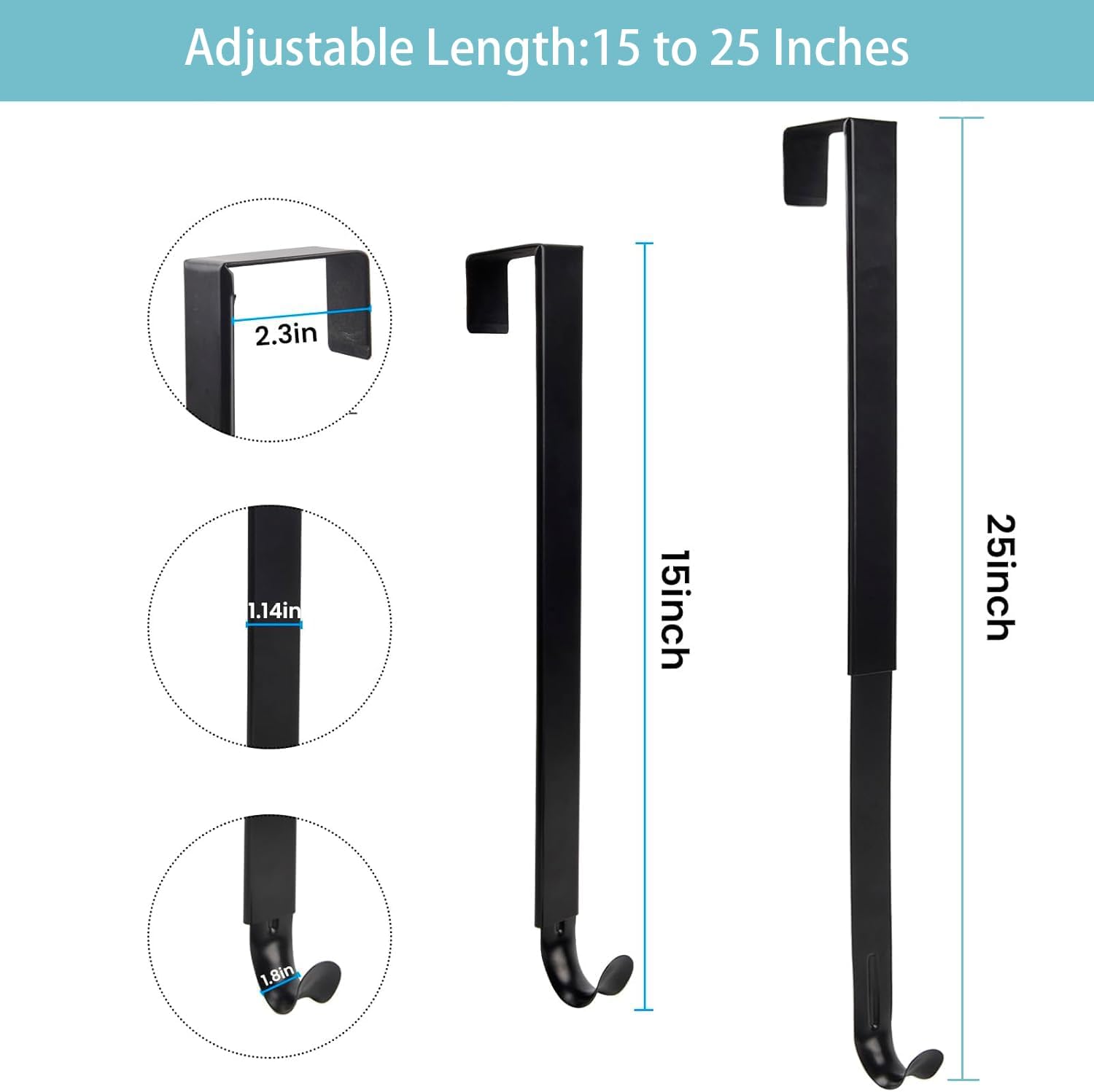 Over The Door Hooks with Shock Absorber Pads, 4-Pack Adjustable Heavy Duty Long Door Hooks for Hanging from 15-25 Inch, No Drill Towel Hook, Coat Rack for Bathroom Door, Bedroom, Entryway