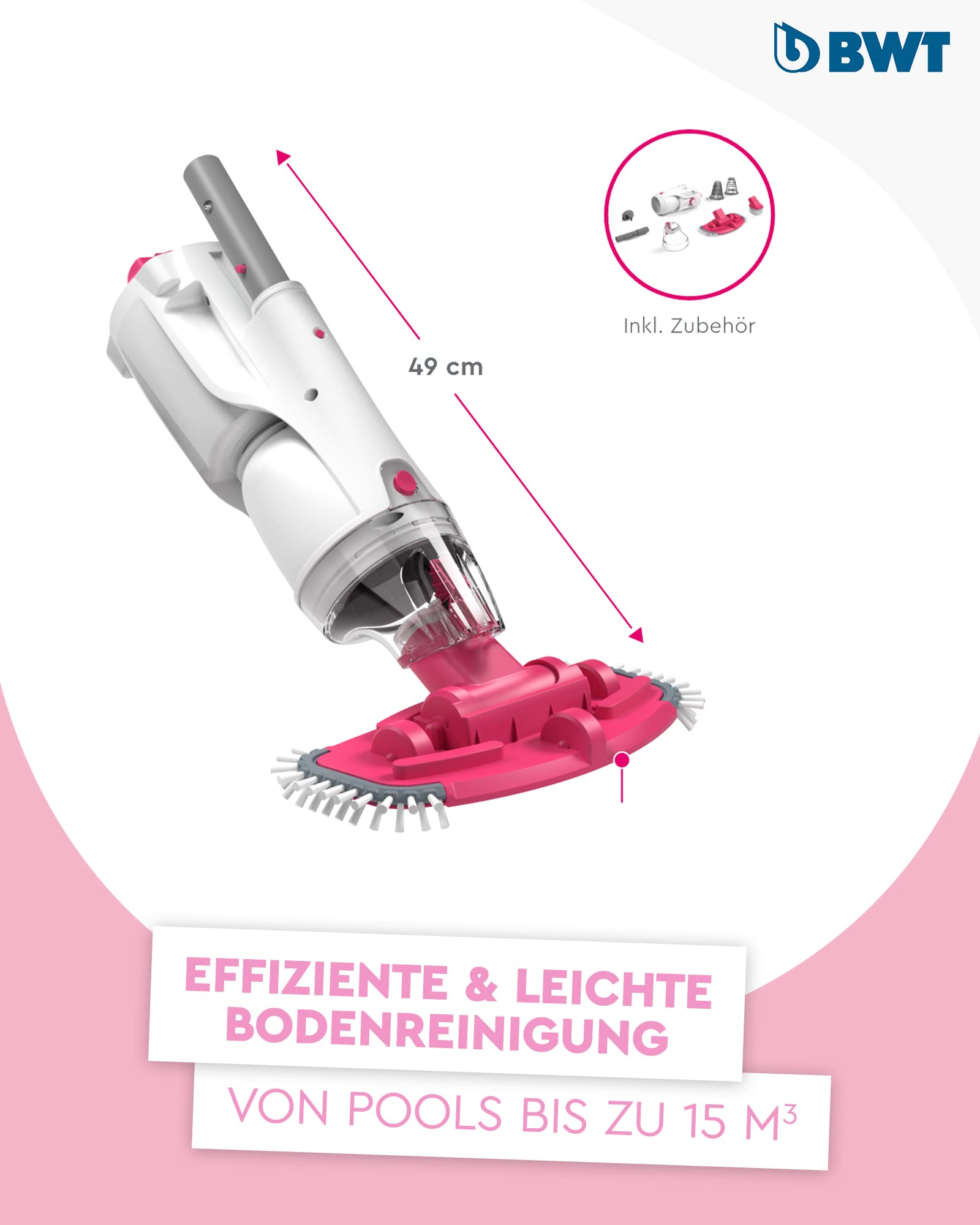 BWT Poolsauger Akku BC30, kabelloser Pool Bodensauger | 40min Laufzeit, 4000 mAh, Leistungsstark, für Pools bis 15000l, schnelle & effiziente Reinigung