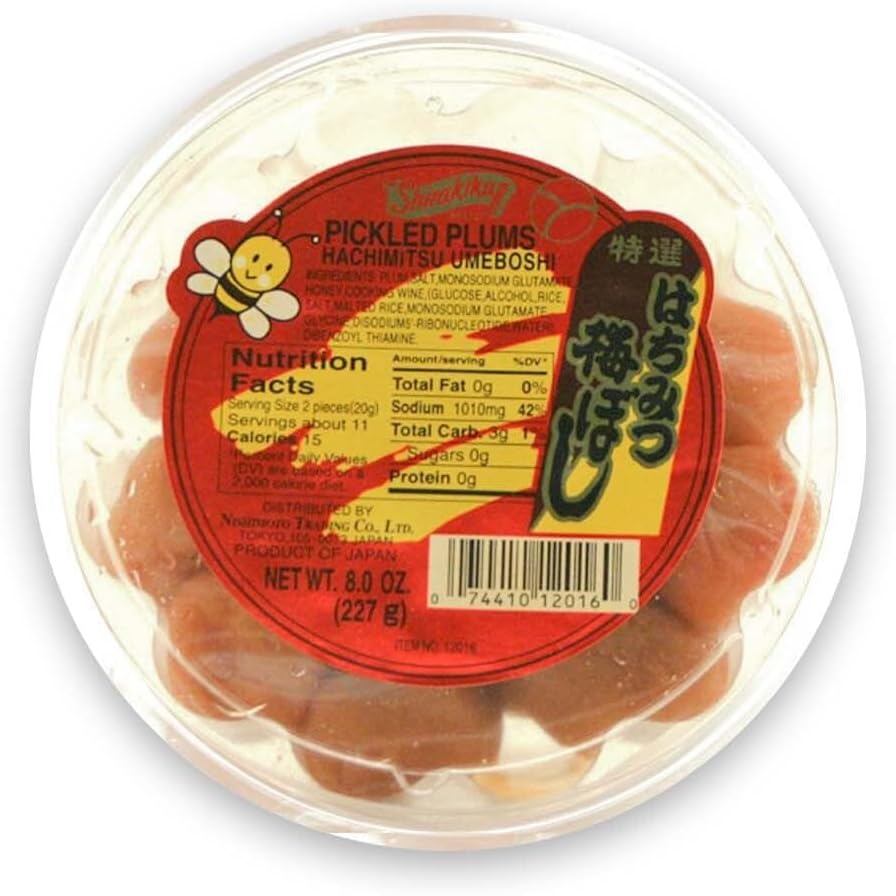 Hachimitsu Umeboshi | Japanese Honey Pickled Plums for Sour & Sweet Flavor | Made with Plum, Salt, Monosodium Glutamate, Honey, and Cooking Wine | 8 oz Pack of 1