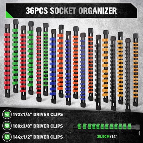 SWANLAKE 36-Piece Socket Organizer, 1/4-Inch x 192 Clips, 3/8-Inch x 180 Clips, 1/2-Inch x 144 Clip, Socket Holder Clip Rail, Drive Sockets Trays for Tool Box Drawer