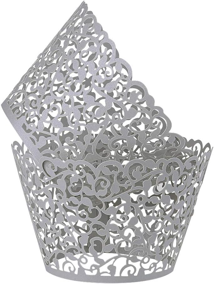 Benbilry 50 PCS Cupcake Wrappers Artistic Bake Cake Paper Cups Laser Cut for Wedding Party Birthday Decoration (Gray)