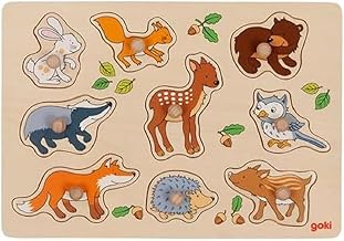 goki 57387 Puzzle Forest Animals, Wooden Puzzle with 9 Cute Forest Animals and Large Gripping Buttons