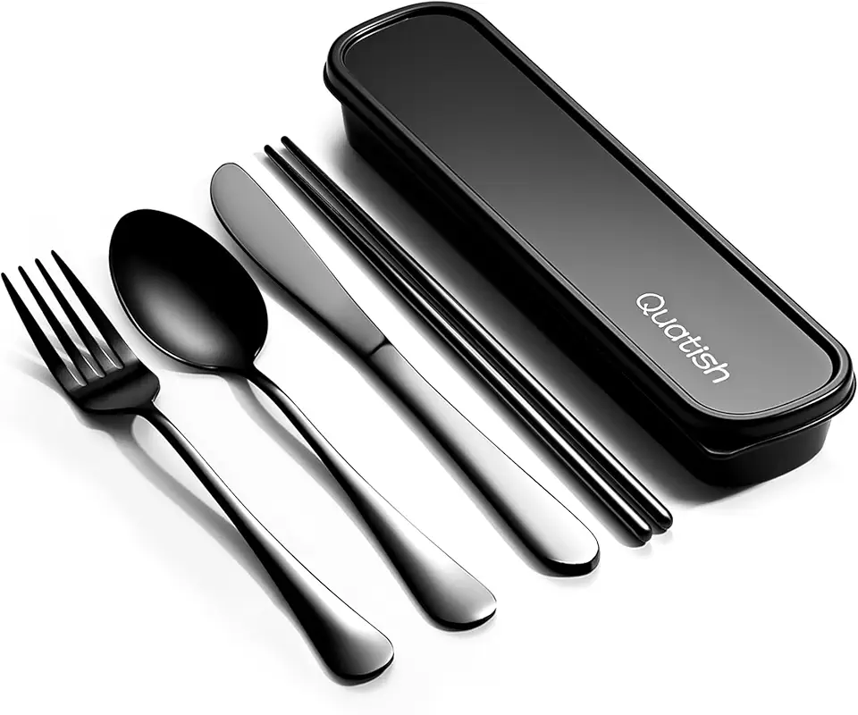 Travel Utensils with Case, Quatish Portable Silverware Set for Work, Stainless Steel Reusable Travel Cutlery Set, Fork and Spoon Set for Picnic, Camping, Gadgets, Lunch Box for Men, Black