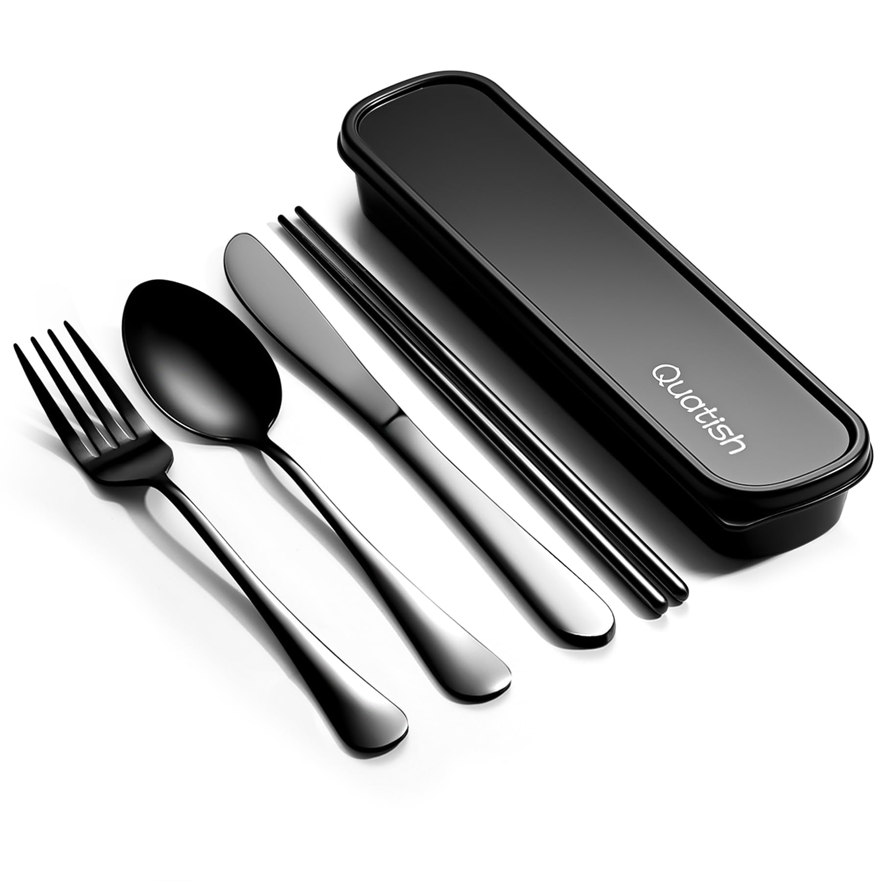 Travel Utensils with Case, Quatish Portable Silverware Set for Work, Stainless Steel Reusable Travel Cutlery Set, Fork and Spoon Set for Picnic, Camping, Gadgets, Lunch Box for Men, Black