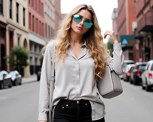 Miniatura 3 de HJSTES Lentes de sol polarizados estilo aviador para mujeres y hombres, lentes de espejo de metal clásicos, 100% bloqueo UV, 2.283 in