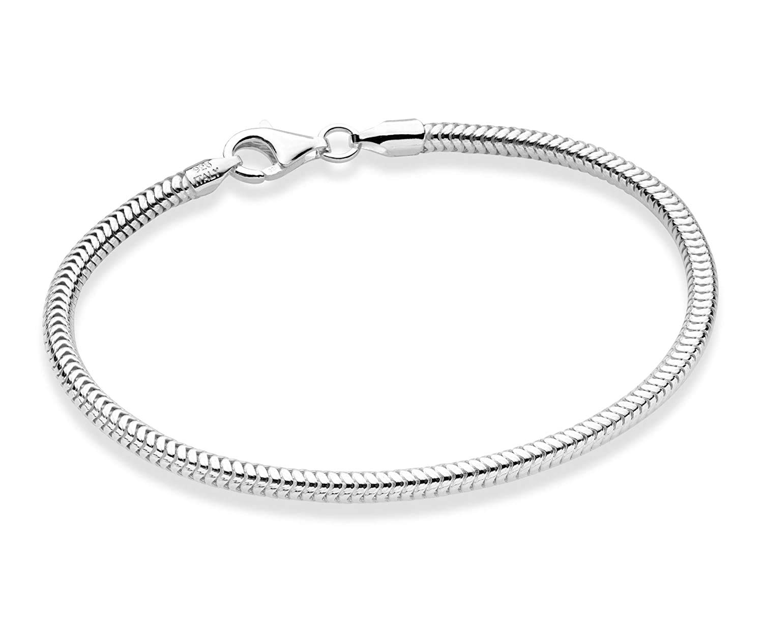 Treasure Bay Pulsera italiana de plata de ley 925 para mujer y hombre, 3,3 mm de grosor, pulsera de cadena de serpiente para hombres y mujeres, 17.5 inch, Plata