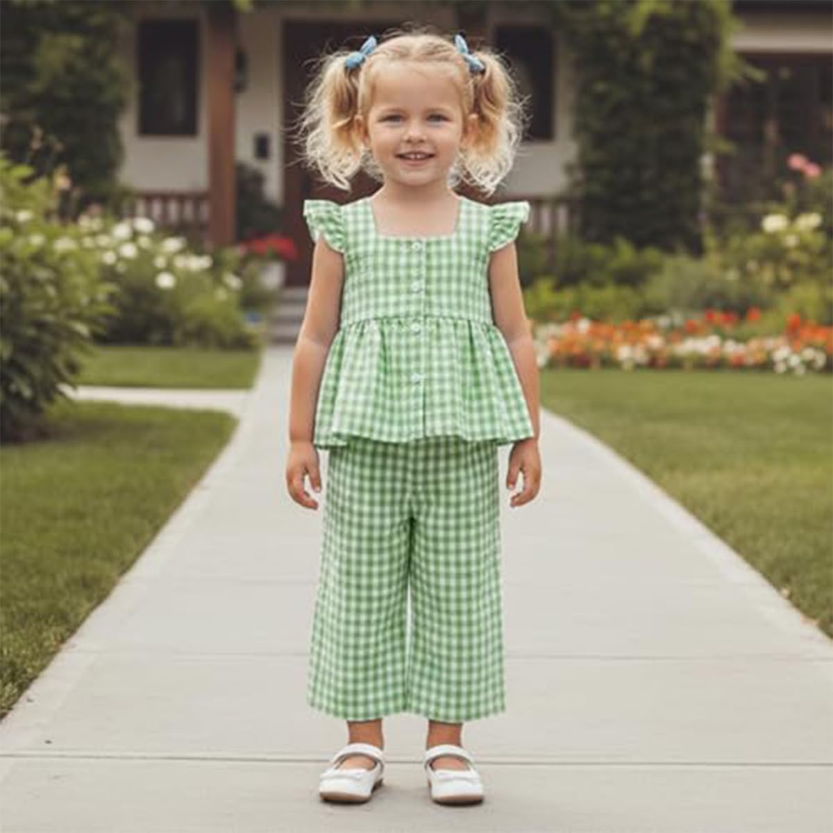 Conjunto Verano para Niñas Pequeñas Color Liso/Cuadros Sin Mangas Con Volantes Camisetas y Pantalones Anchos de Lino Ropa Infantil de Primavera — view 7