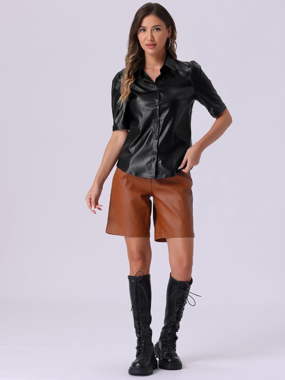 Allegra K Women's Faux Leather Shirt Button Down Puff Sleeve PU Jacket Blouse - Image 3