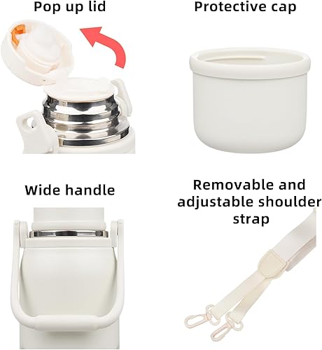 Miniatura 3 de BJPKPK Botella de agua térmica de 40 onzas con tapa y asa de transporte, botellas de agua de acero inoxidable de doble pared para deportes, color