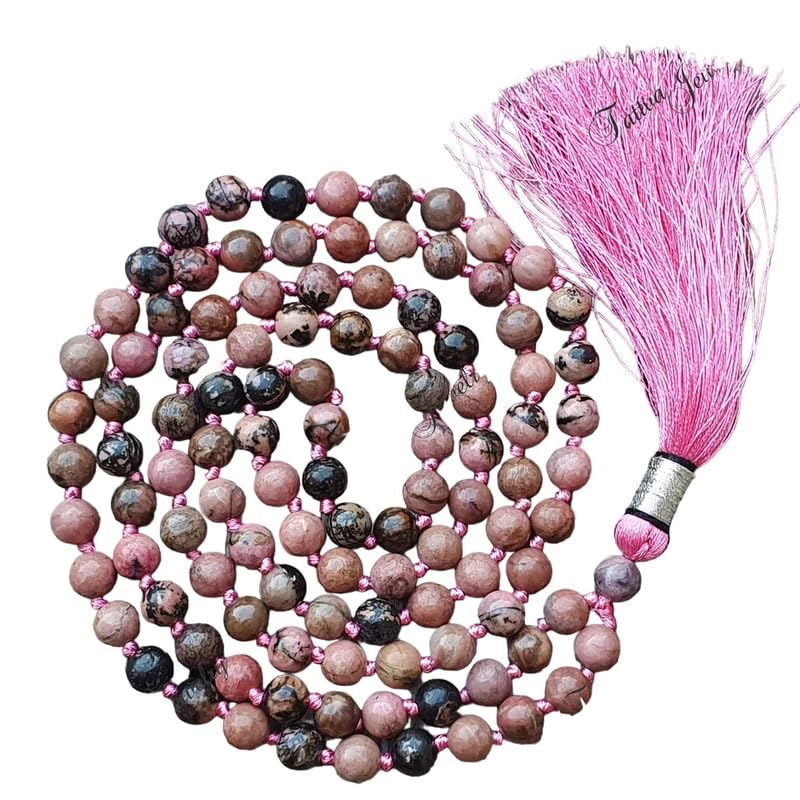 Collier Mala en rhodonite rose naturelle AAA 108 perles de 6 mm avec gland