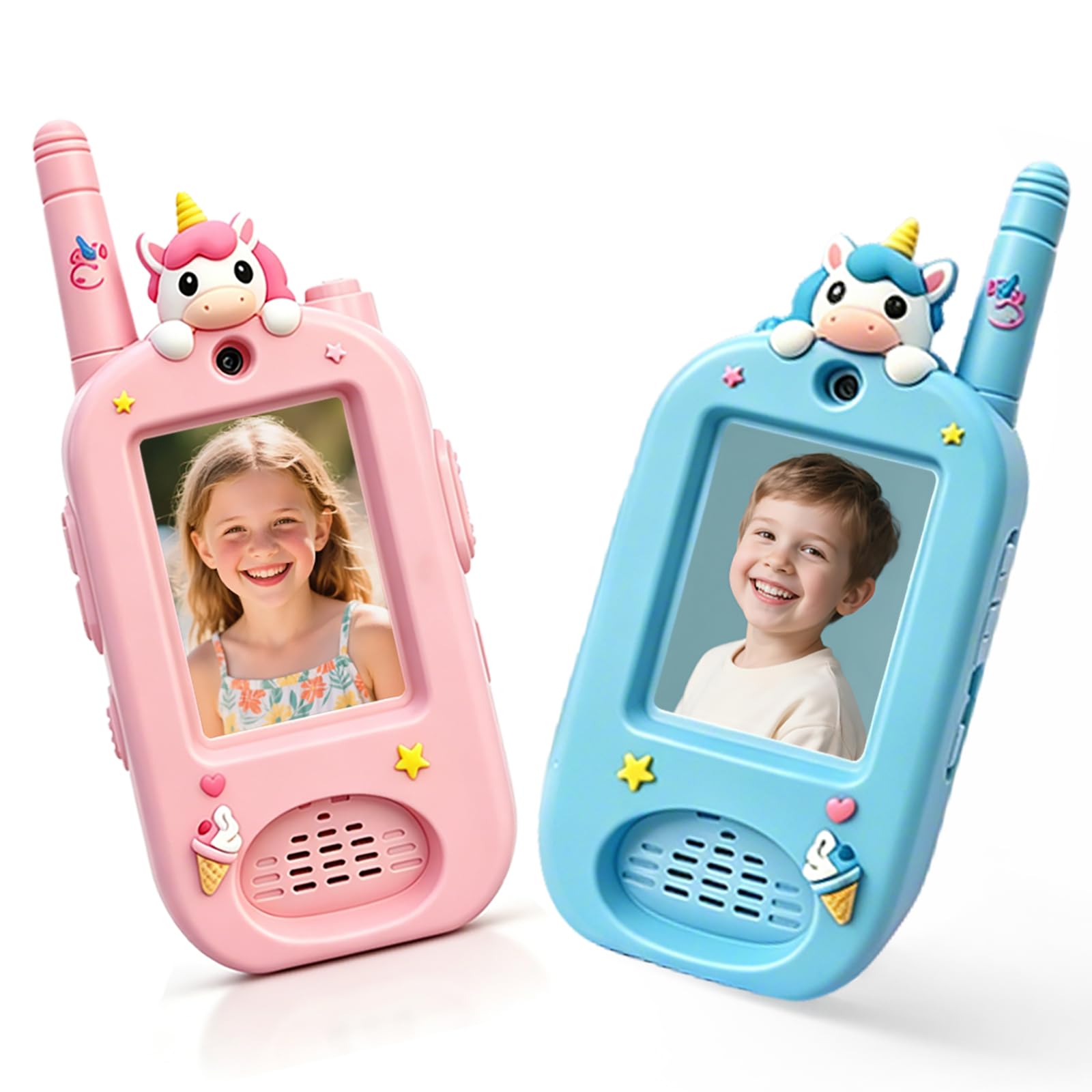 Kinder Video-Walkie-Talkies, 2er-Set, wiederaufladbar mit HD-Kamera & Display, Fotospeicher, Zwei-Wege-Video- & Sprachfunktion mit Stimmenverzerrer, für drinnen & draußen, 3–12 Jahre (Pink & Blau)