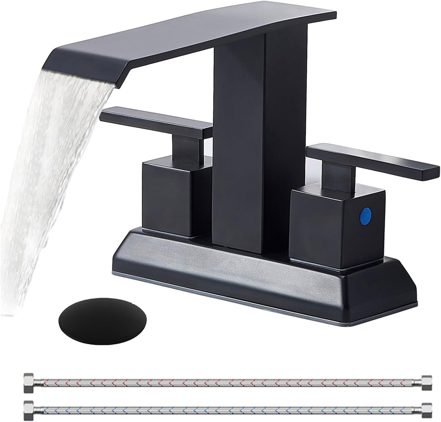 Friho Matte Black Waterfall Bathroom Faucet, 4 Inch Centerset 2 Handle 3 Hole Bathroom Sink Faucet with Pop Up Drain and Hose for Vanity, RV, Lavatory