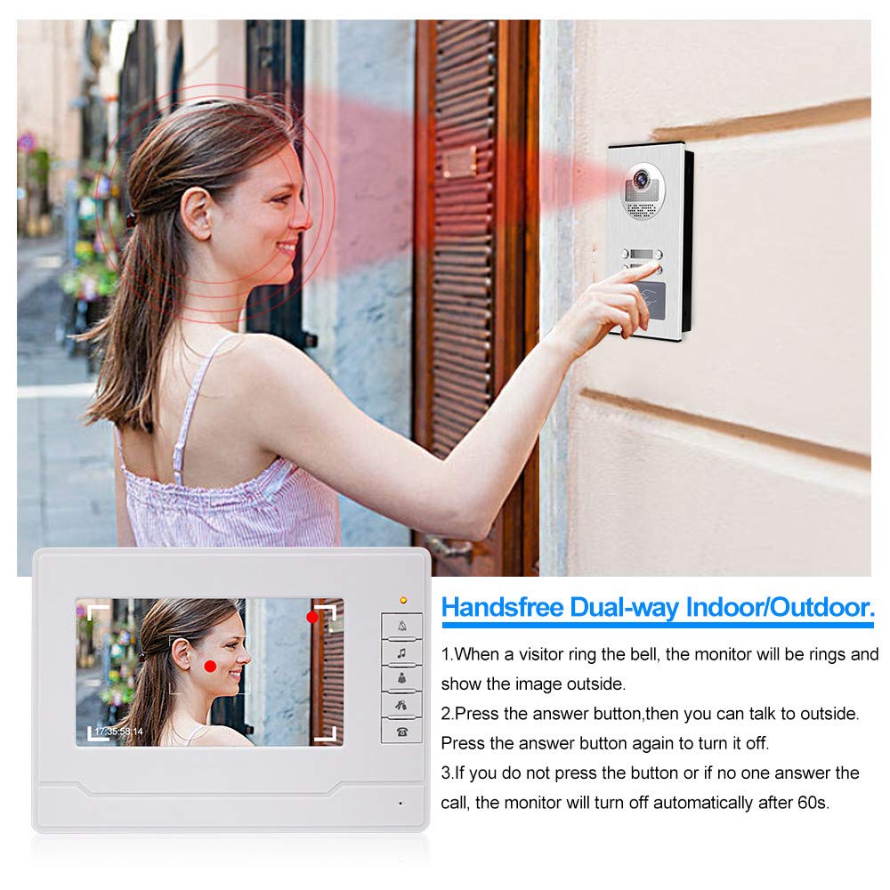 OBO HANDS Kit da 7 "RFID Cablato 4 Monitor Interni + 700TVL IR Telecamera Esterna per Visione Notturna Supporto ad Alta Risoluzione 500 Utenti RFID per 4 Appartamenti/Famiglie