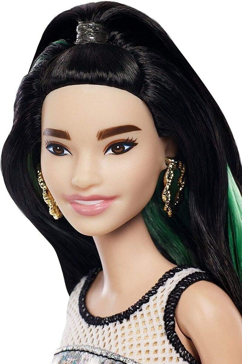 Barbie Fashionistas Doll with Green Streaks in Long Brunette Hair, Wearing Glittery Tank Dress and Accessories, for 3 to 7 Year Olds