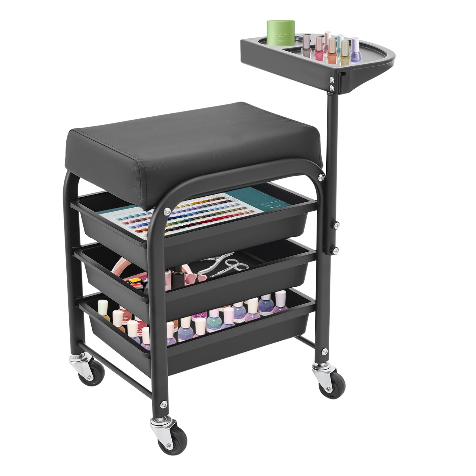Carro de manicura con 3 cajones con bandeja giratoria y ruedas – Carro de maquillaje portátil para salón y uso doméstico – Silla de pedicura con asiento, herramientas de almacenamiento negro – Incluye