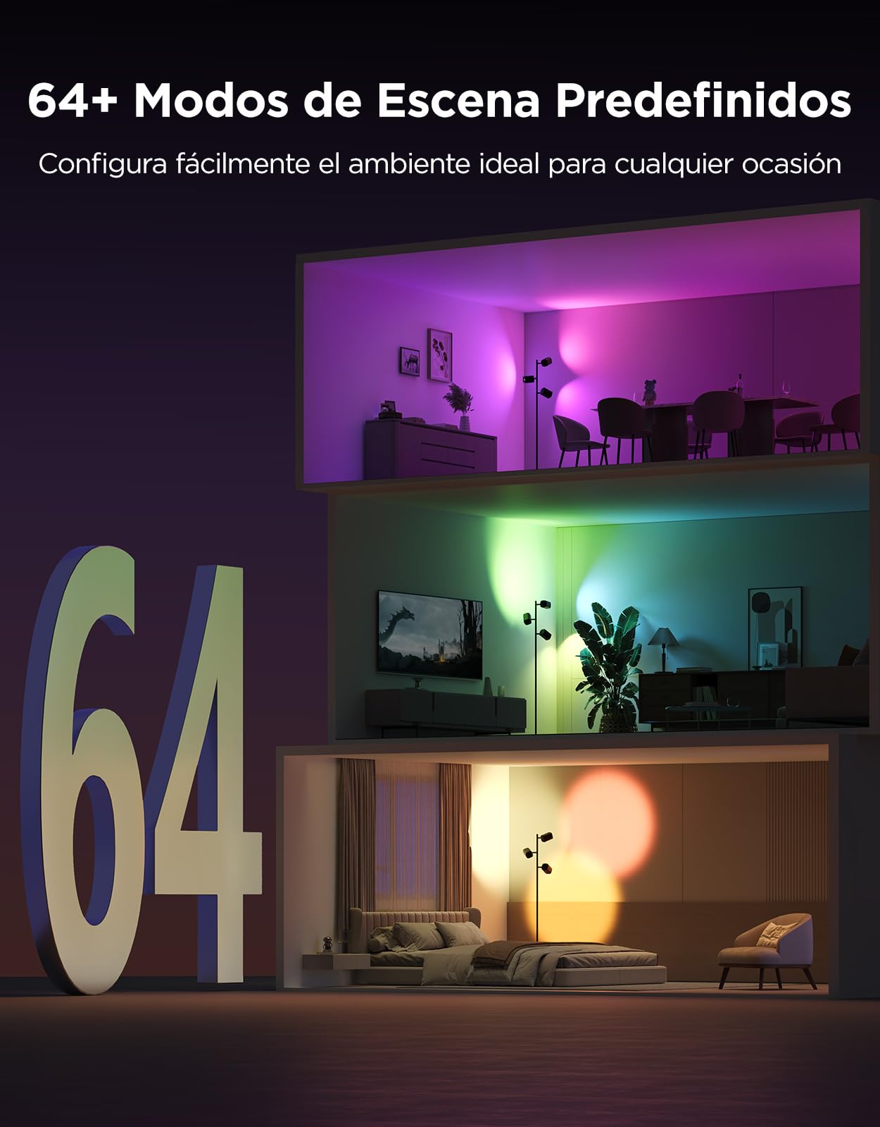 Govee LED Lámpara de Pie RGBWW, Ángulo Ajustable Lámpara Pie 1500 lm, Compatible con Matter Alexa, 64+ Escenas, Sinc Musica, 157 cm Lampara Negro para Sala de Estar, Dormitorio y Sala de Lectura. | 2700-6500K, Matter Alexa Compatible, 64+ Escenas, Sinc Mu