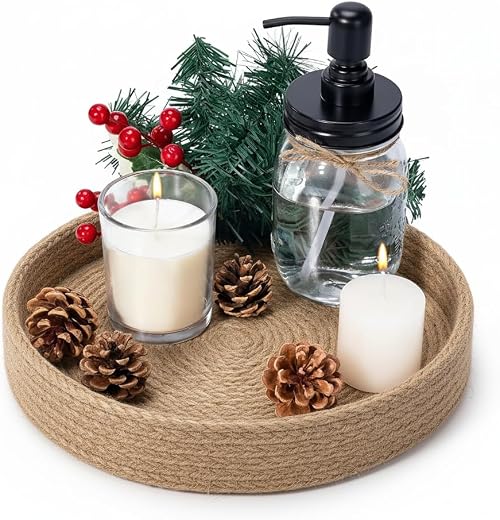 BOBBINY Decorative Round Rope Tray for Decor - Rope Tray for Kitchen Dining Room Table - The Perfect Small Candle Serving ...