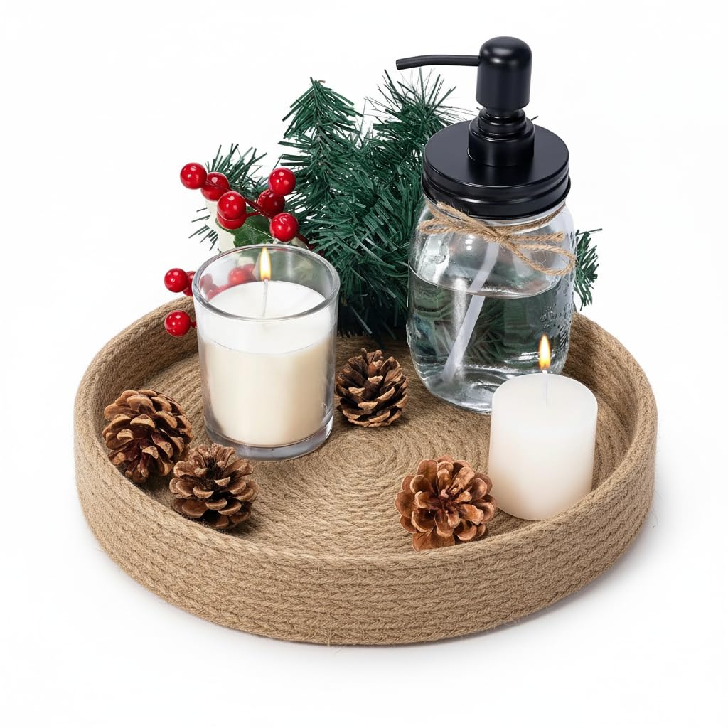 BOBBINY Decorative Round Rope Tray for Decor - Beautiful Rope Tray for Kitchen Dining Room Table - The Perfect Small Candle Serving Tray for Coffee Table and Home Decor (Brown, 10x10 Inch)-image-9