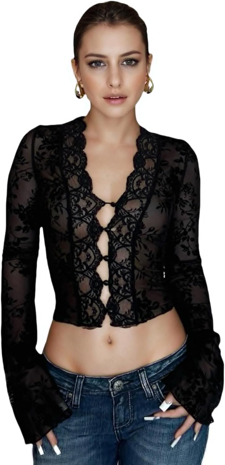 Women's Sheer Mesh Leopard Print Crop Top T Shirt Sexy Lace Deep V Neck Blouse Long Flare Sleeve Slim Tee Shirt - Image 2