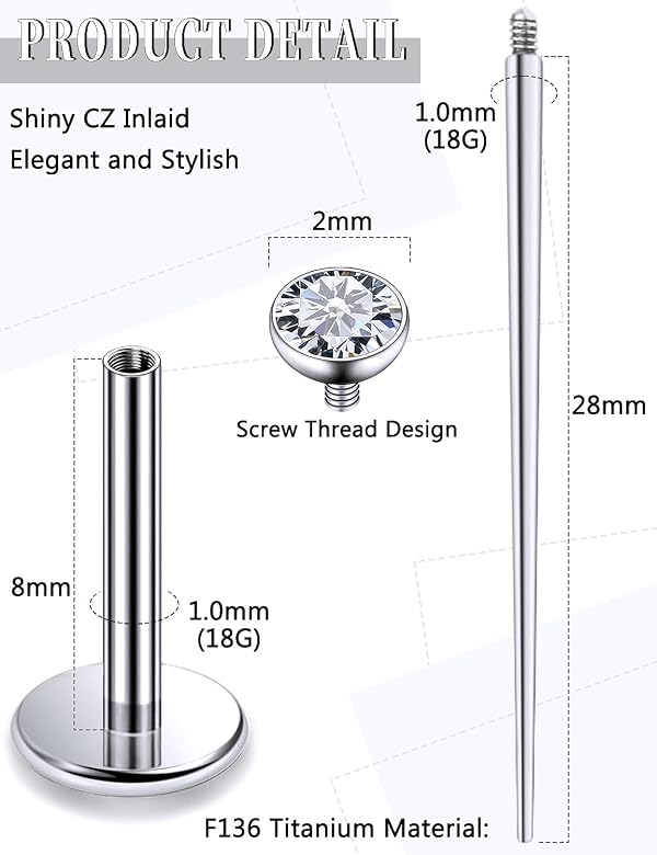 Lsnevsie 18G Internally Threaded Astm F136 Titanium Nose Ring Studs Flat Back Studs Earrings G23 Titanium Tragus Helix Conch Cartilage Earrings Piercing Jewelry For Women 2mm Crystal Silver 8mm Bar by Lsnevsie - Image 2