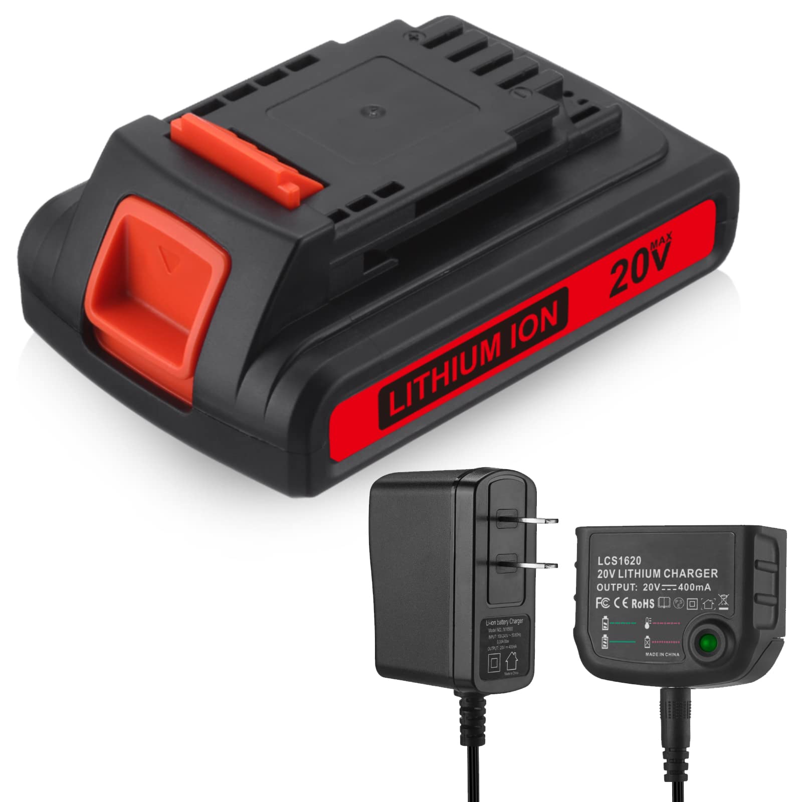 LBXR20 20V 3.0Ah Replacement for Black and Decker 20V Lithium Battery LB20 LBX20 LBXR20-OPE LBXR2020-OPE LB2X4020-OPE LBXR20B-2 LST220 LST300,with 16V/20V Multiple Volt Output Battery Charger