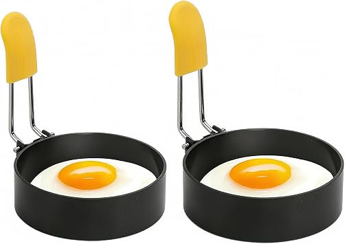 2 Pack Stainless Steel Egg Rings with Anti-Scald Folding Handle Non Stick Coating Suitable for Egg Frying Shaping Pancakes Mini Burgers 2 Pack