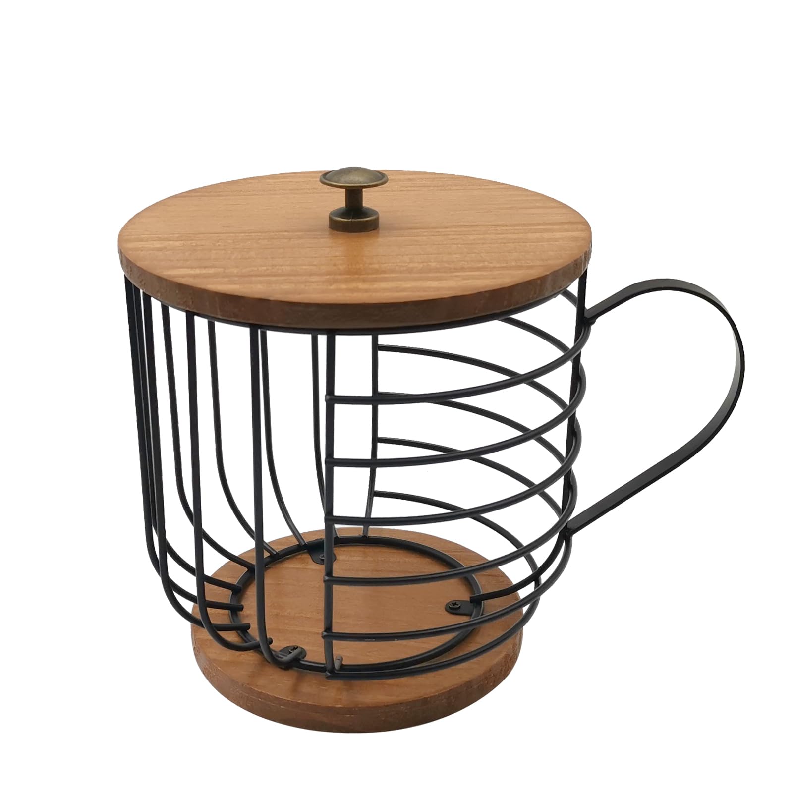 MFBJXC Large Capacity Wire Kup Storage with Wooden Base, Mug Shape Wire Storage Basket with Lid for Home Cafe Bar Countertop Kitchen Decor Storage