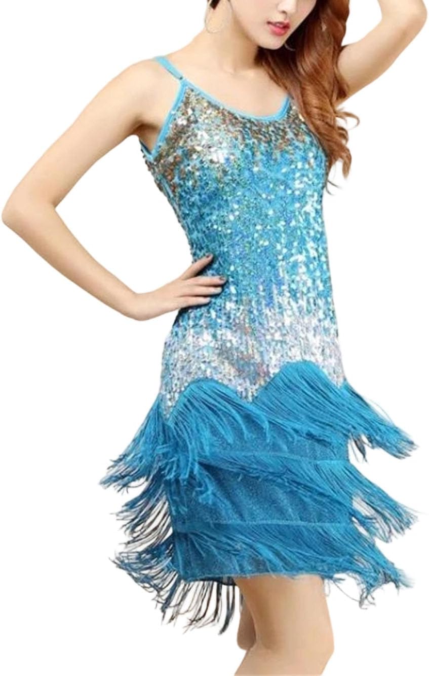 Women Mock Neck Fringe Dress Spring Glitter Sequins Latin Dance Outfit Vintage Stage Performance Ballroom