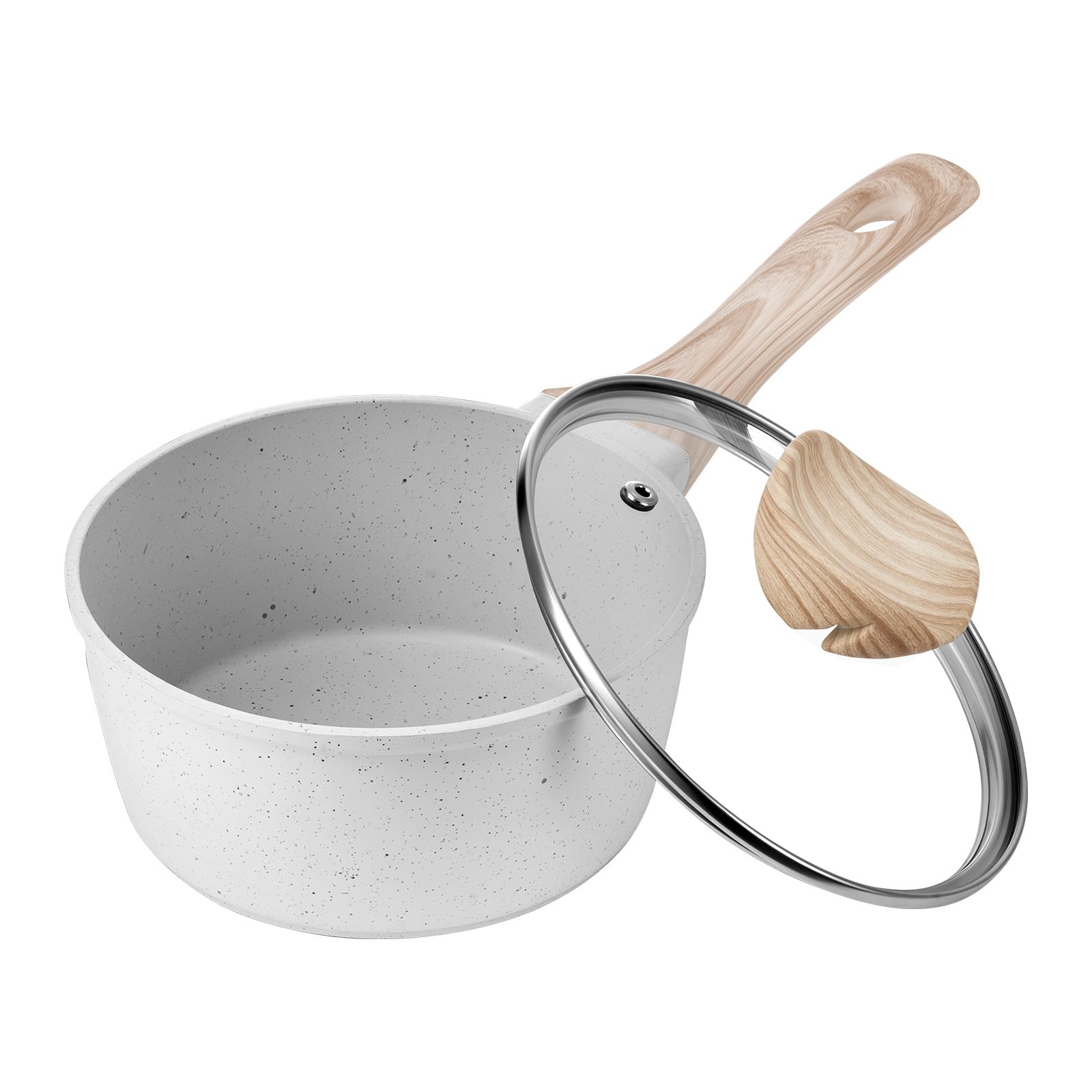 VEVOR Stielkasserolle Antihaftbeschichtung 1,42 L Glasdeckel – Milchtopf aus Aluminiumlegierung, weiß