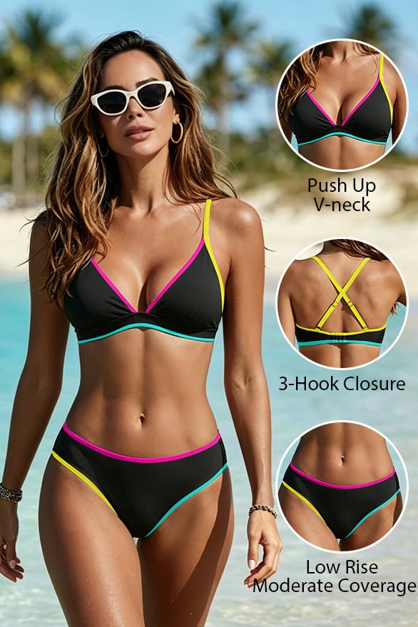 Image of Yonique Womens Push Up Bikini Set - Two Piece Swimsuit V Neck Crisscross Back Bathing Suit 2025 Swimwear