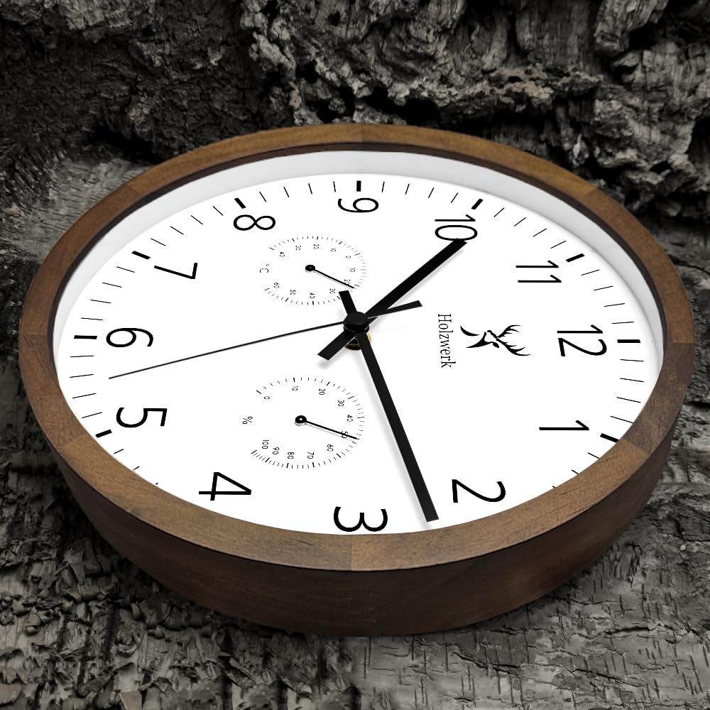 Holzwerk WEGBERG Wanduhr mit Temperaturanzeige und Hygrometer Feuchtigkeitsmesser Holz-Uhr lautloses Uhrwerk ohne Tickgeräusche Braun Buche Weiß lautlos Massivholz Natur Holz 30 cm (.HW.Braun.)