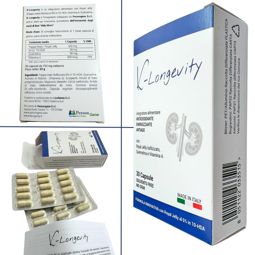 K-Longevity Integratore Alimentare Antiage Energizzante Antiossidante Con Royal Jelly (pappa reale) Quercetina Vitamina A. Supporta le difese Immunitarie e Combatte Fatica Stanchezza Radicali Liberi.