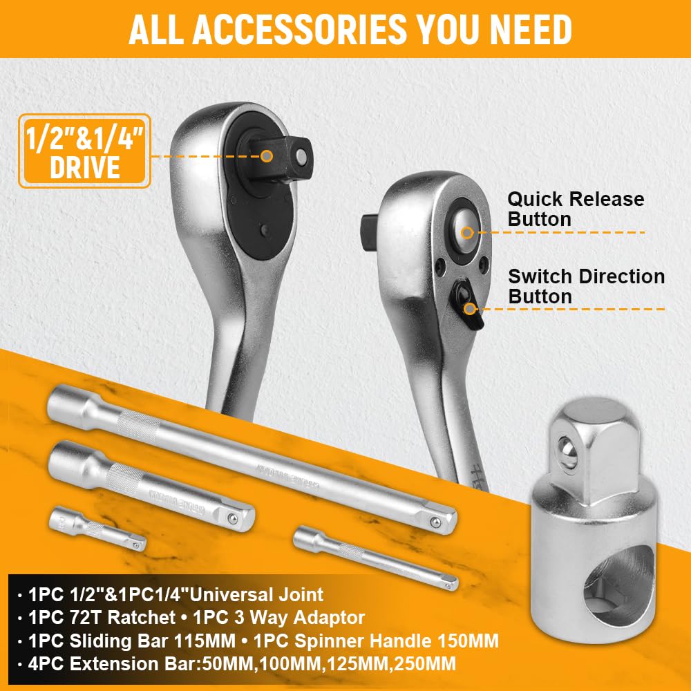 Hoteche Set di bussole da 110 Pezzi Set di Cassette degli Attrezzi da 1/4" e 1/2" Set di Attrezzi Professionali
